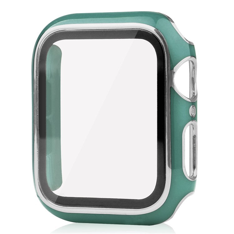 Electroplating Hard PC Watch Case Cover with Tempered Glass Screen Protector for Apple Watch Series 9 / 8 / 7 45mm - Blackish Green / Silver