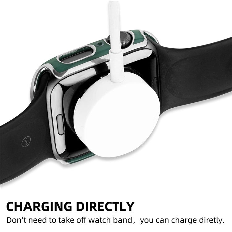 Electroplating Hard PC Watch Case Cover with Tempered Glass Screen Protector for Apple Watch Series 9 / 8 / 7 45mm - Blackish Green / Silver