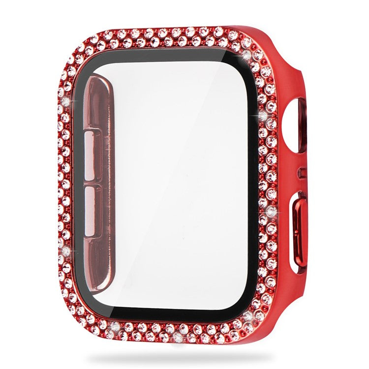 For Apple Watch Series 9 / 8 / 7 45mm Double Rhinestone Decor Protective Cover Hard PC Bumper Frame with Tempered Glass Screen Protector - Red