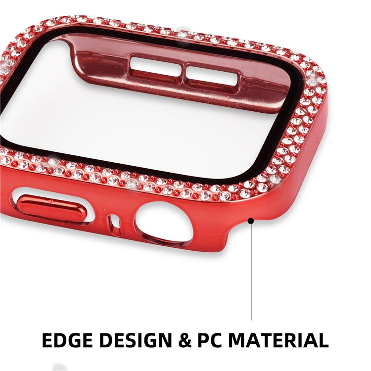 For Apple Watch Series 9 / 8 / 7 45mm Double Rhinestone Decor Protective Cover Hard PC Bumper Frame with Tempered Glass Screen Protector - Red