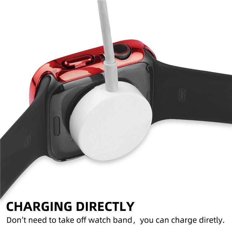 For Apple Watch Series 9 / 8 / 7 45mm Double Rhinestone Decor Protective Cover Hard PC Bumper Frame with Tempered Glass Screen Protector - Red