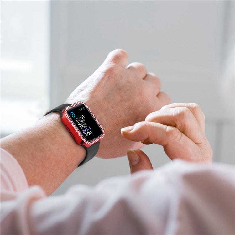 For Apple Watch Series 9 / 8 / 7 45mm Double Rhinestone Decor Protective Cover Hard PC Bumper Frame with Tempered Glass Screen Protector - Red