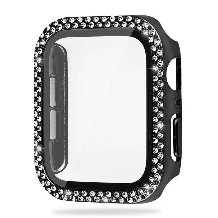 For Apple Watch SE (2022) / SE / Series 6 / 5 / 4 44mm Double Bling Rhinestone Overall Hard PC Case with Tempered Glass Screen Protector Integrated Watch Cover - Black