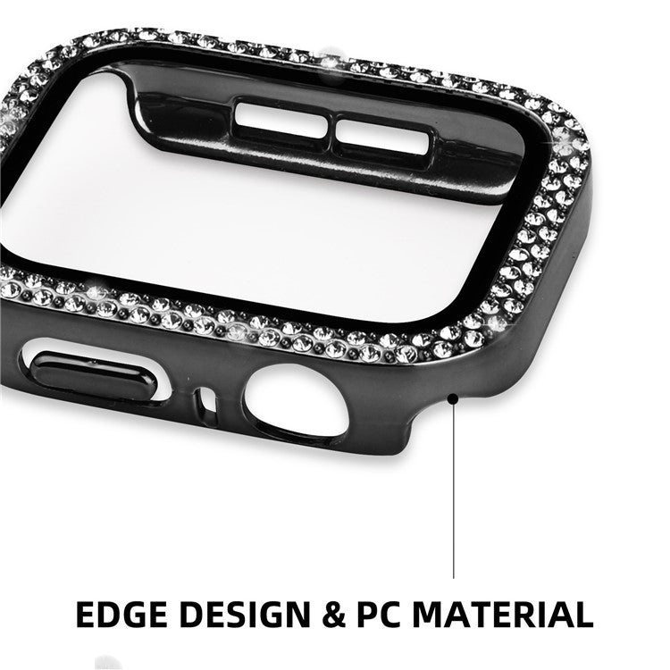 For Apple Watch SE (2022) / SE / Series 6 / 5 / 4 44mm Double Bling Rhinestone Overall Hard PC Case with Tempered Glass Screen Protector Integrated Watch Cover - Black