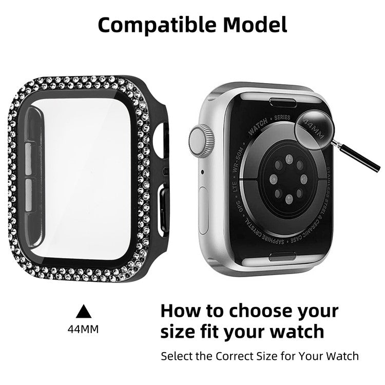 For Apple Watch SE (2022) / SE / Series 6 / 5 / 4 44mm Double Bling Rhinestone Overall Hard PC Case with Tempered Glass Screen Protector Integrated Watch Cover - Black