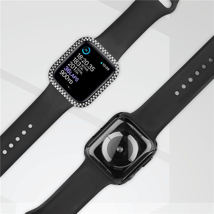 For Apple Watch SE (2022) / SE / Series 6 / 5 / 4 44mm Double Bling Rhinestone Overall Hard PC Case with Tempered Glass Screen Protector Integrated Watch Cover - Black