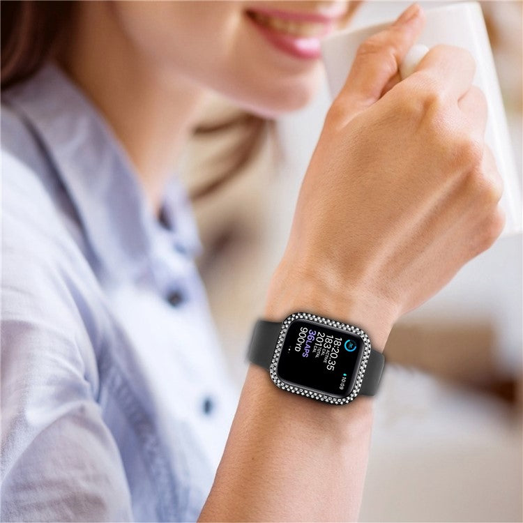For Apple Watch SE (2022) / SE / Series 6 / 5 / 4 44mm Double Bling Rhinestone Overall Hard PC Case with Tempered Glass Screen Protector Integrated Watch Cover - Black