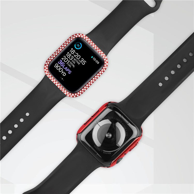 For Apple Watch SE (2022) / SE / Series 6 / 5 / 4 44mm Double Bling Rhinestone Overall Hard PC Case with Tempered Glass Screen Protector Integrated Watch Cover - Red