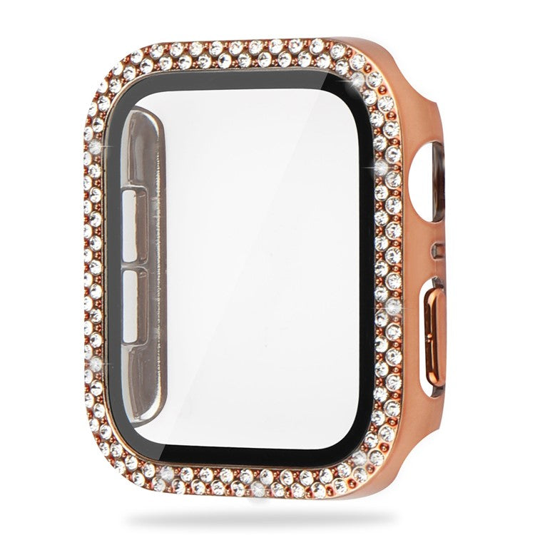 For Apple Watch Series 9 / 8 / 7 41mm Rhinestone Watch Case with Tempered Glass Screen Protector Hard PC Overall Protective Cover - Rose Gold