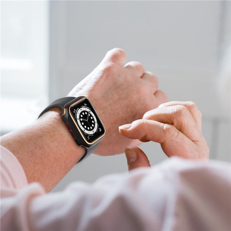 For Apple Watch Series 9 / 8 / 7 45mm Dual Color Electroplating Watch Case Built-in Tempered Glass Screen Protector Hard PC Overall Protective Cover - Black / Gold