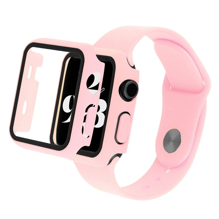 For Apple Watch Ultra 49mm Silicone Watch Band Wrist Strap + Anti-drop PC Watch Case with Tempered Glass Screen Protector - Deep Pink