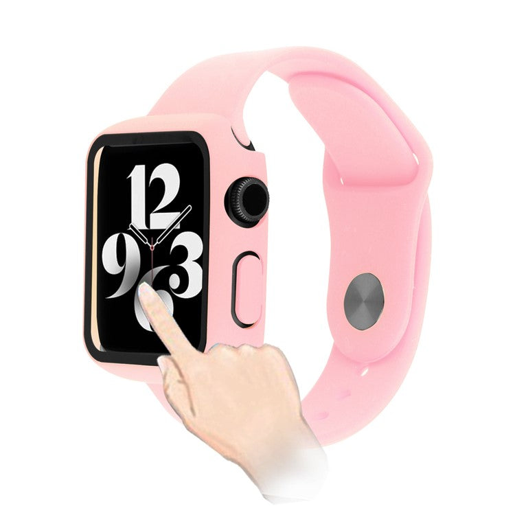 For Apple Watch Ultra 49mm Silicone Watch Band Wrist Strap + Anti-drop PC Watch Case with Tempered Glass Screen Protector - Deep Pink
