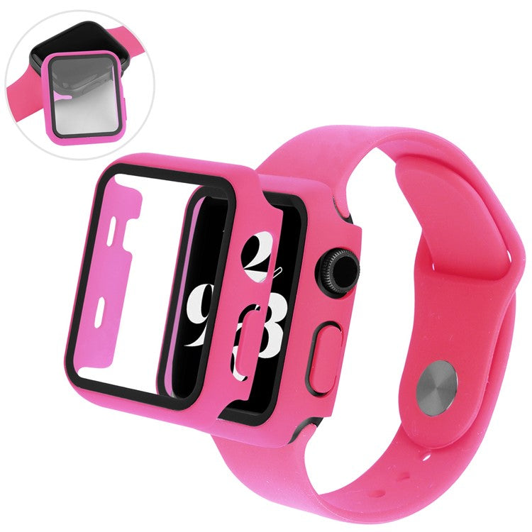 For Apple Watch Ultra 49mm Silicone Watch Band Wrist Strap + Anti-drop PC Watch Case with Tempered Glass Screen Protector - Rose