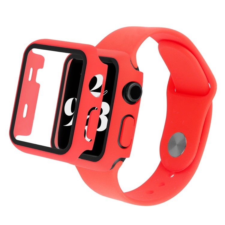 For Apple Watch SE (2022) 44mm / SE 44mm / 6 / 5 / 4 44mm Silicone Watch Strap + Full Cover Hard PC Watch Case with Tempered Glass Screen Protector - Red