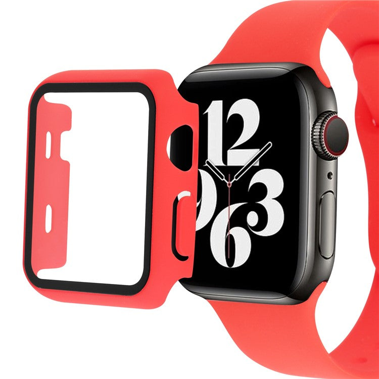For Apple Watch SE (2022) 44mm / SE 44mm / 6 / 5 / 4 44mm Silicone Watch Strap + Full Cover Hard PC Watch Case with Tempered Glass Screen Protector - Red