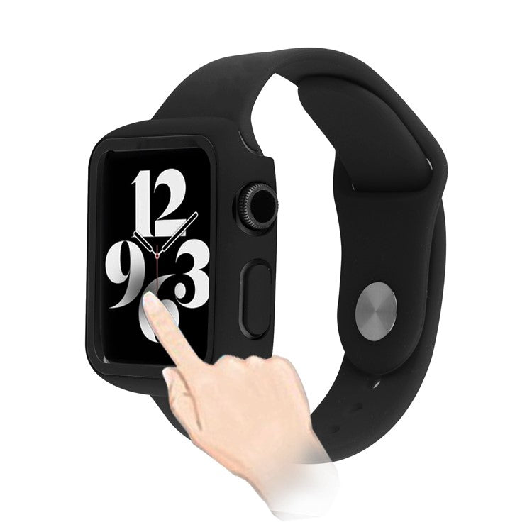 For Apple Watch SE (2022) 40mm / SE 40mm / 6 / 5 / 4 40mm Silicone Watch Strap + PC Watch Case with Tempered Glass Screen Protector Shockproof Protective Cover - Black