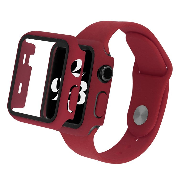 For Apple Watch SE (2022) 40mm / SE 40mm / 6 / 5 / 4 40mm Silicone Watch Strap + PC Watch Case with Tempered Glass Screen Protector Shockproof Protective Cover - Wine Red