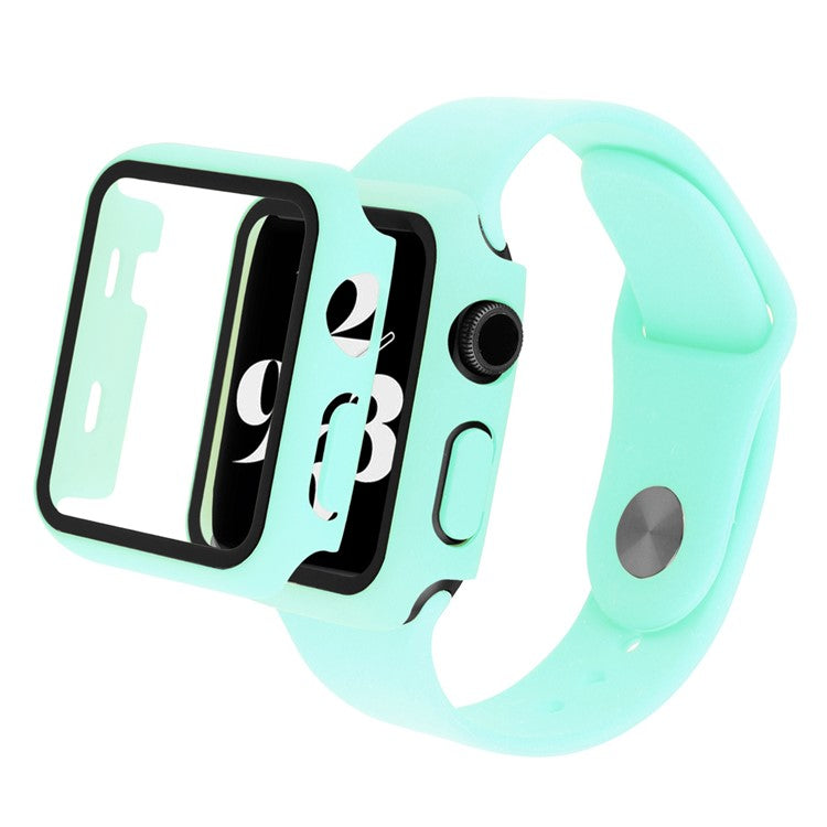 For Apple Watch SE (2022) 40mm / SE 40mm / 6 / 5 / 4 40mm Silicone Watch Strap + PC Watch Case with Tempered Glass Screen Protector Shockproof Protective Cover - Cyan