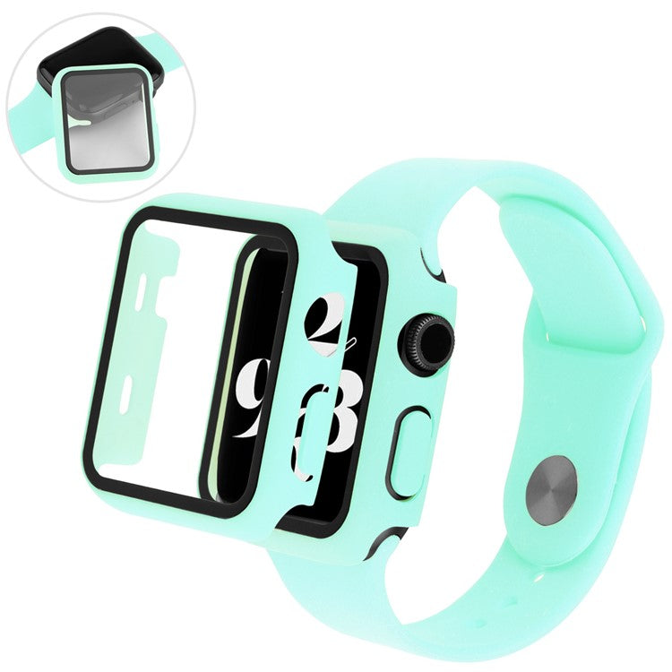 For Apple Watch SE (2022) 40mm / SE 40mm / 6 / 5 / 4 40mm Silicone Watch Strap + PC Watch Case with Tempered Glass Screen Protector Shockproof Protective Cover - Cyan