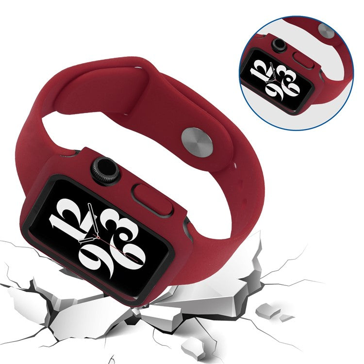 For Apple Watch Series 8 45mm / 7 45mm Soft Silicone Replacement Strap + Hard PC Watch Case with Tempered Glass Screen Protector - Wine Red