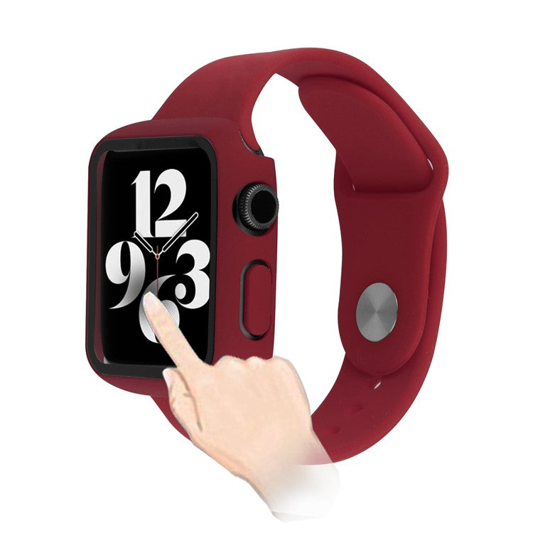 For Apple Watch Series 8 45mm / 7 45mm Soft Silicone Replacement Strap + Hard PC Watch Case with Tempered Glass Screen Protector - Wine Red