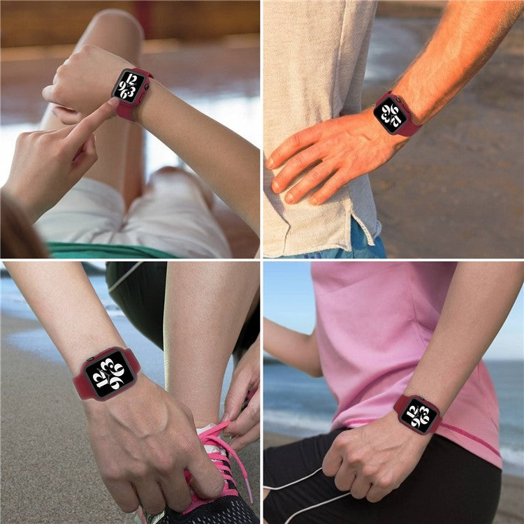 For Apple Watch Series 8 45mm / 7 45mm Soft Silicone Replacement Strap + Hard PC Watch Case with Tempered Glass Screen Protector - Wine Red