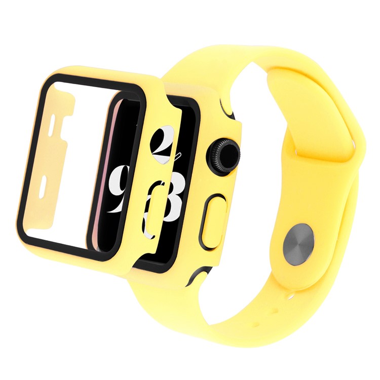 For Apple Watch Series 8 45mm / 7 45mm Soft Silicone Replacement Strap + Hard PC Watch Case with Tempered Glass Screen Protector - Yellow