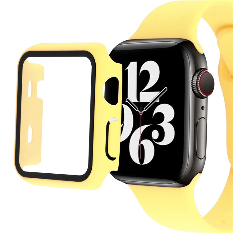For Apple Watch Series 8 45mm / 7 45mm Soft Silicone Replacement Strap + Hard PC Watch Case with Tempered Glass Screen Protector - Yellow
