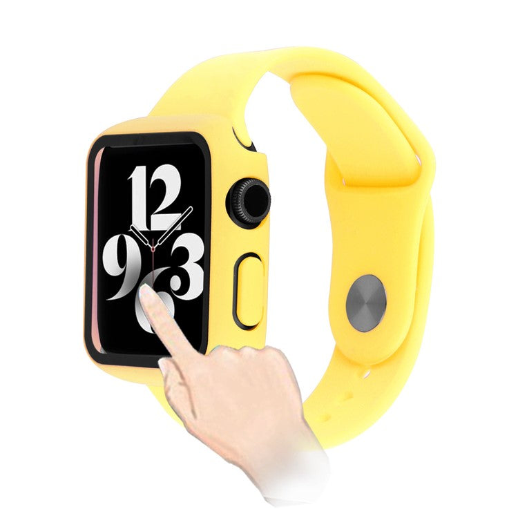 For Apple Watch Series 8 45mm / 7 45mm Soft Silicone Replacement Strap + Hard PC Watch Case with Tempered Glass Screen Protector - Yellow