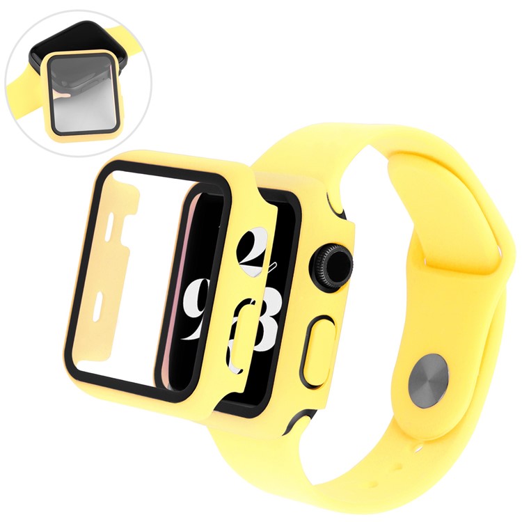 For Apple Watch Series 8 45mm / 7 45mm Soft Silicone Replacement Strap + Hard PC Watch Case with Tempered Glass Screen Protector - Yellow