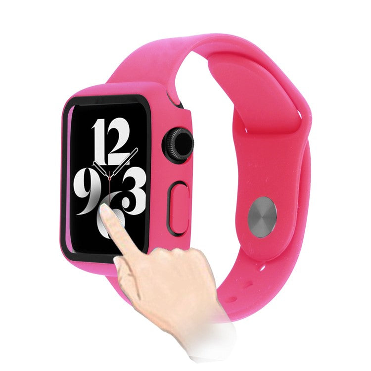 For Apple Watch Series 8 45mm / 7 45mm Soft Silicone Replacement Strap + Hard PC Watch Case with Tempered Glass Screen Protector - Rose