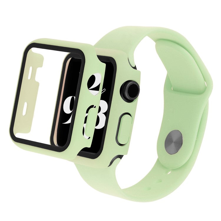 For Apple Watch Series 9 / 8 / 7 41mm Sport Band Soft Silicone Strap with Full Cover Hard PC Protective Case Built-in Tempered Glass Screen Protector - Light Green