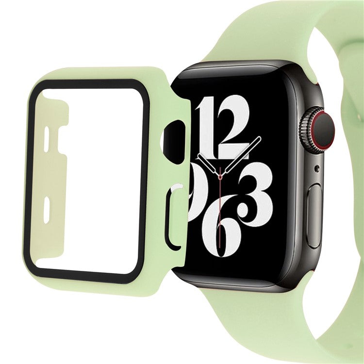 For Apple Watch Series 9 / 8 / 7 41mm Sport Band Soft Silicone Strap with Full Cover Hard PC Protective Case Built-in Tempered Glass Screen Protector - Light Green