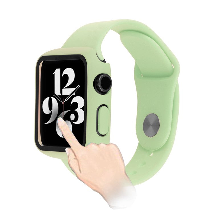 For Apple Watch Series 9 / 8 / 7 41mm Sport Band Soft Silicone Strap with Full Cover Hard PC Protective Case Built-in Tempered Glass Screen Protector - Light Green