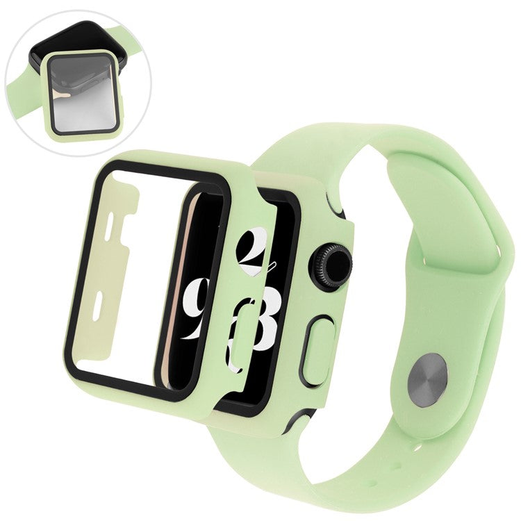 For Apple Watch Series 9 / 8 / 7 41mm Sport Band Soft Silicone Strap with Full Cover Hard PC Protective Case Built-in Tempered Glass Screen Protector - Light Green