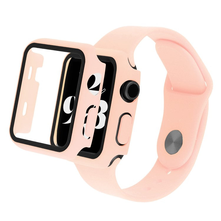 For Apple Watch Series 9 / 8 / 7 41mm Sport Band Soft Silicone Strap with Full Cover Hard PC Protective Case Built-in Tempered Glass Screen Protector - Light Pink