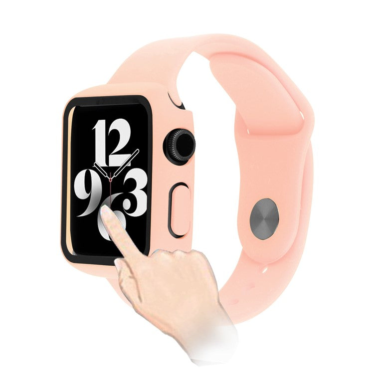 For Apple Watch Series 9 / 8 / 7 41mm Sport Band Soft Silicone Strap with Full Cover Hard PC Protective Case Built-in Tempered Glass Screen Protector - Light Pink