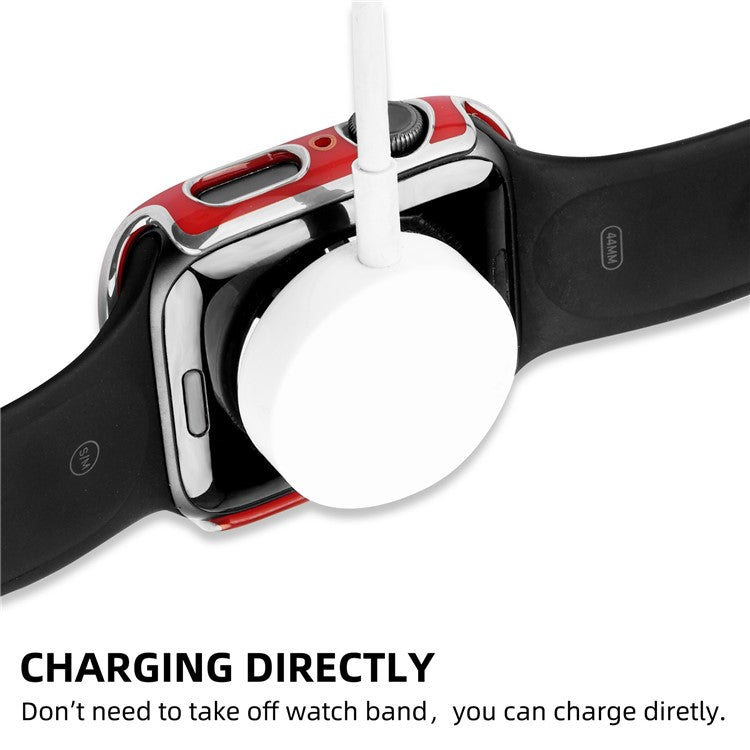 For Apple Watch SE (2022) 44mm / SE 44mm / 6 / 5 / 4 44mm Silicone Watch Band + PC Watch Case with Tempered Glass Screen Protector Electroplating Protective Case Cover - Red / Silver