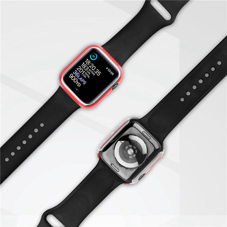 For Apple Watch SE (2022) 44mm / SE 44mm / 6 / 5 / 4 44mm Silicone Watch Band + PC Watch Case with Tempered Glass Screen Protector Electroplating Protective Case Cover - Red / Silver