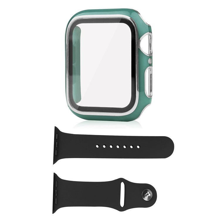 For Apple Watch Series 9 / 8 / 7 41mm Silicone Watch Band with Hard PC Electroplating Watch Case Built-in Tempered Glass Screen Protector - Blackish Green / Silver