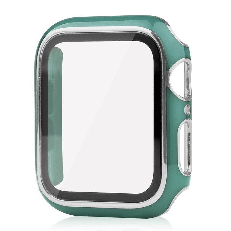 For Apple Watch Series 9 / 8 / 7 41mm Silicone Watch Band with Hard PC Electroplating Watch Case Built-in Tempered Glass Screen Protector - Blackish Green / Silver