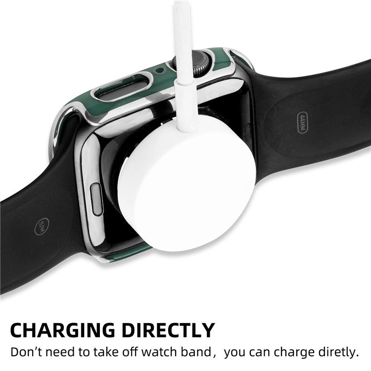 For Apple Watch Series 9 / 8 / 7 41mm Silicone Watch Band with Hard PC Electroplating Watch Case Built-in Tempered Glass Screen Protector - Blackish Green / Silver