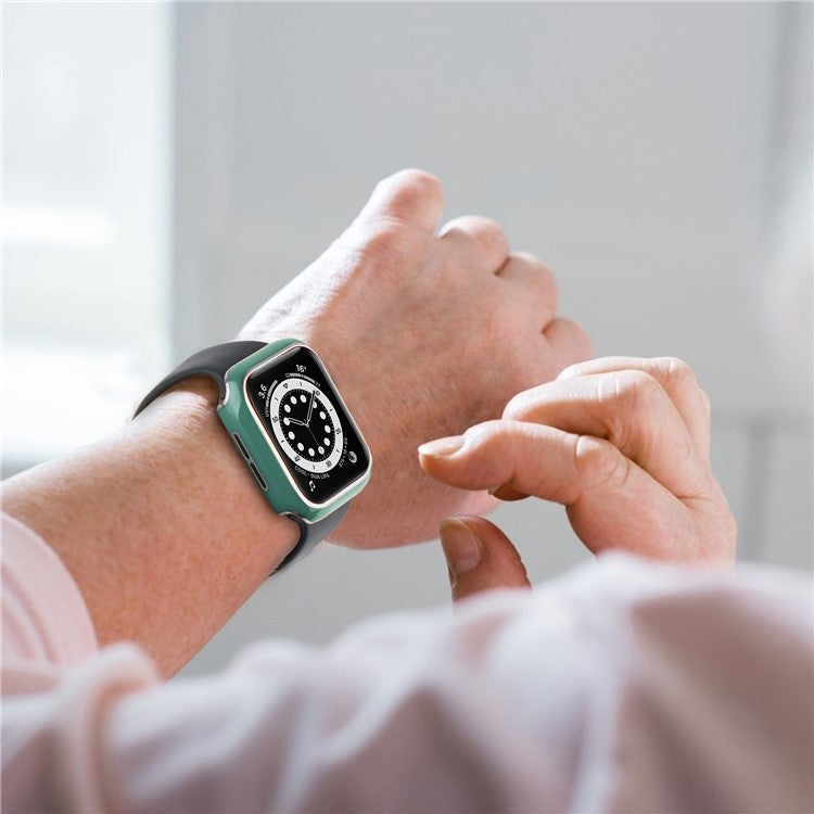 For Apple Watch Series 9 / 8 / 7 41mm Silicone Watch Band with Hard PC Electroplating Watch Case Built-in Tempered Glass Screen Protector - Blackish Green / Silver