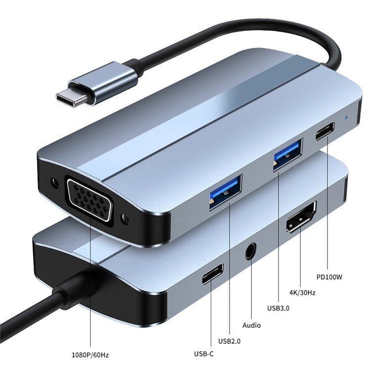 2106 Type-C Docking Station Portable USB Hub Adapter Multi-Port 7-in-1 USB-C to HD 4K / 30Hz, PD 100W, VGA 1080P, USB3.0, USB2.0