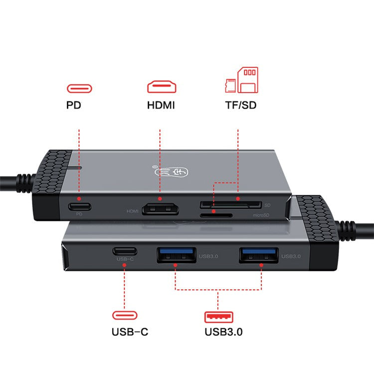 KAWAU H352 15cm Type-C Hub Adapter USB-C Docking Station with HD+2 USB3.0+Type-C+PD3.0+SD / TF Ports