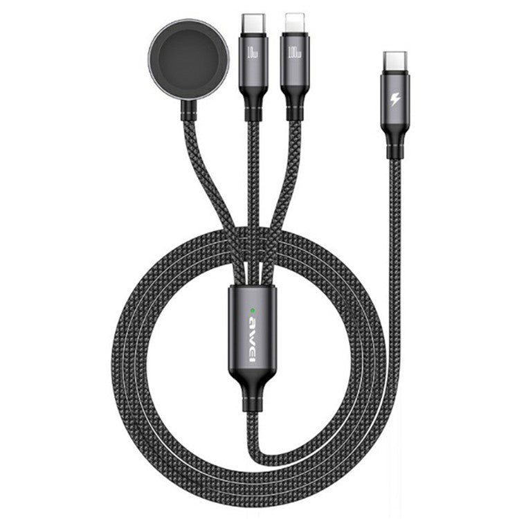 AWEI W23 1.2m Type-C to Type-C / 8-pin / for Apple Watch Magnetic Wireless Charging Dock 3-in-1 Splitter Cable