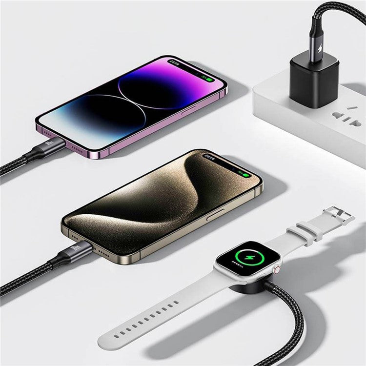 AWEI W23 1.2m Type-C to Type-C / 8-pin / for Apple Watch Magnetic Wireless Charging Dock 3-in-1 Splitter Cable