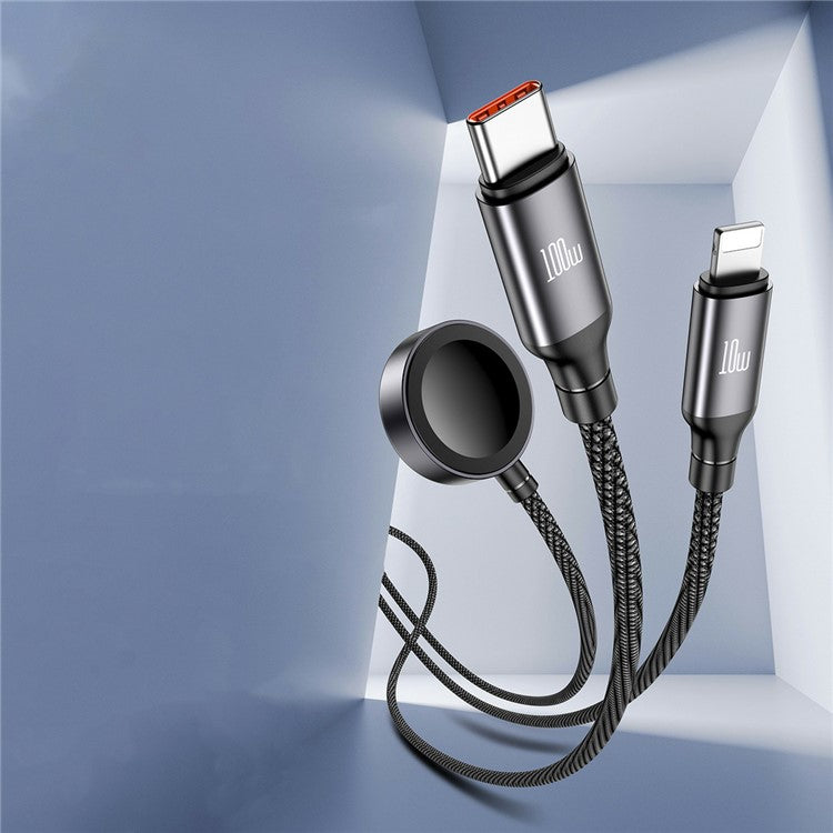 AWEI W23 1.2m Type-C to Type-C / 8-pin / for Apple Watch Magnetic Wireless Charging Dock 3-in-1 Splitter Cable