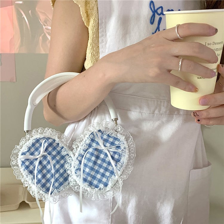 1Pair For AirPods Max Shockproof Case Fabric+TPU Headset Protector Grids Pattern Lace-Edge Design - Blue