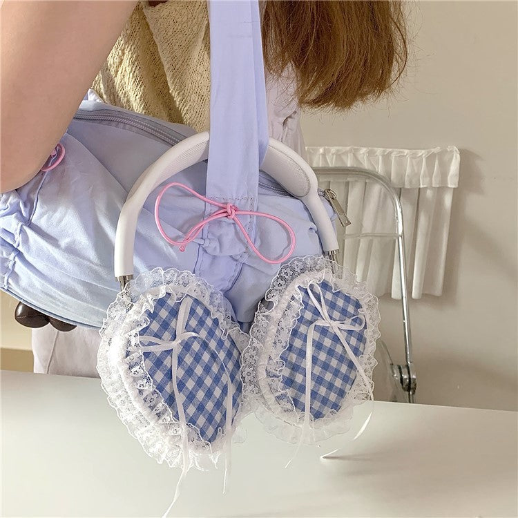 1Pair For AirPods Max Shockproof Case Fabric+TPU Headset Protector Grids Pattern Lace-Edge Design - Blue